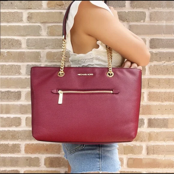 Michael Kors Jet Set Medium Front Pocket Chain Top Zip Tote Mulberry Leather - Picture 2 of 6